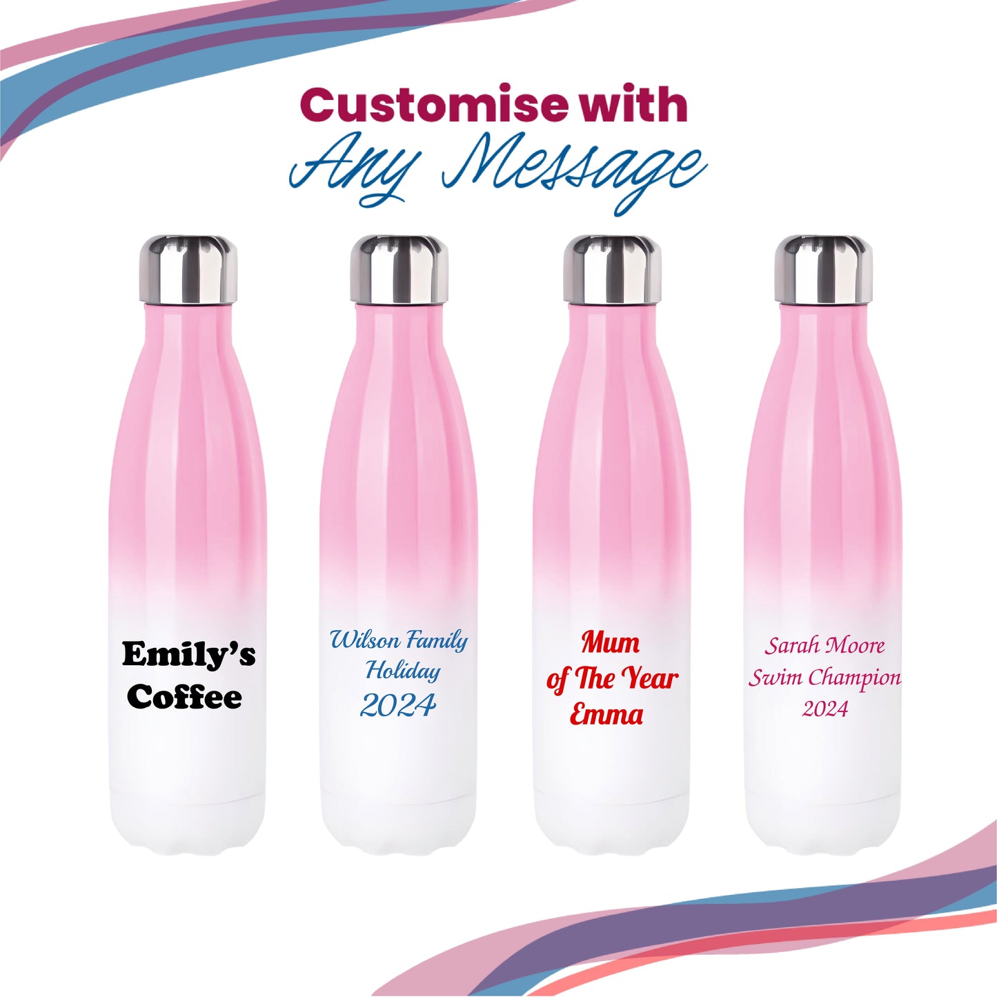 Printed Pink Gradient Thermal Bottle, Any Message, Stainless Steel 500ml/17oz