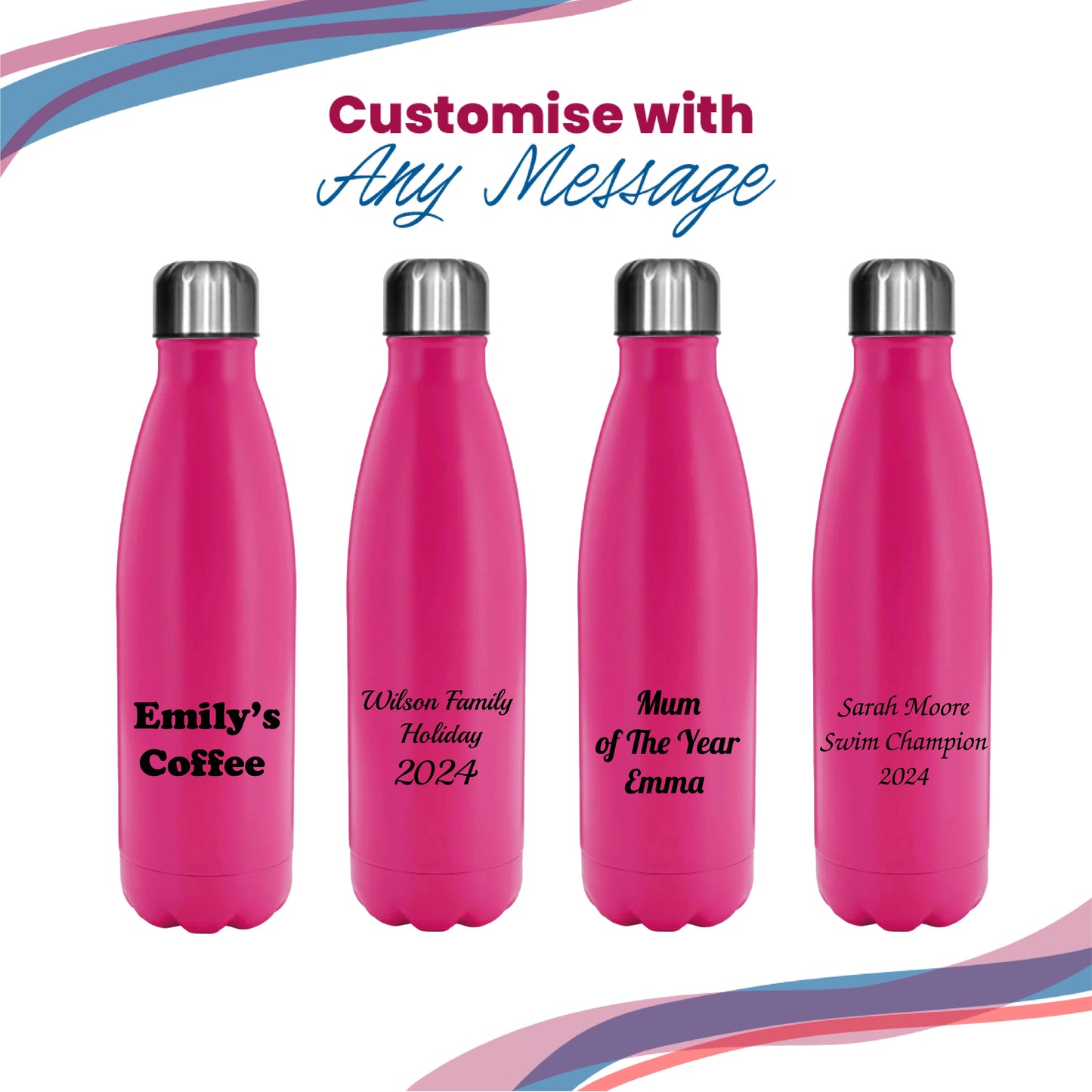 Printed Deep Pink Thermal Bottle, Any Message, Stainless Steel 500ml/17oz