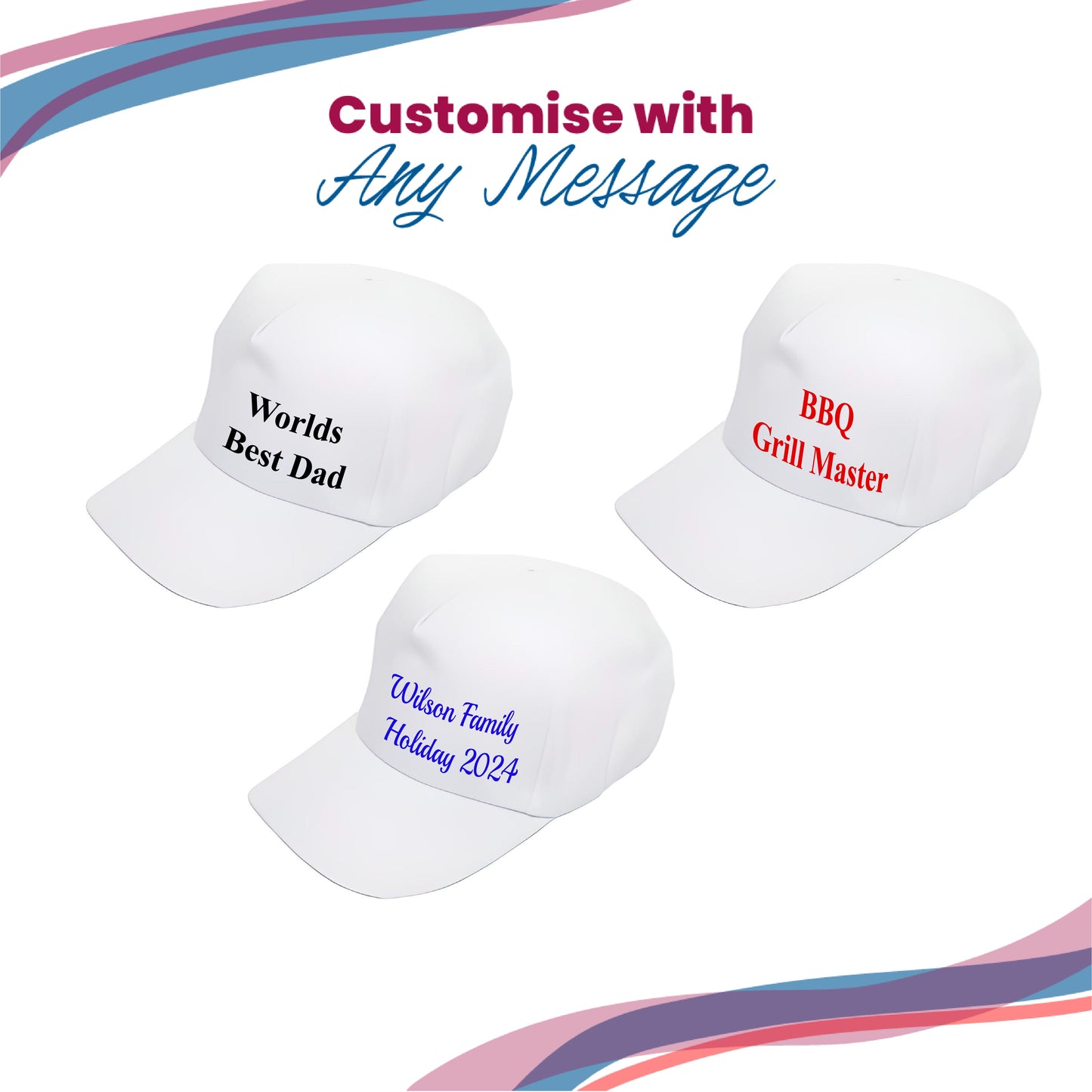 Printed White Baseball Cap, Any Message, Any Colour, Adjustable Size