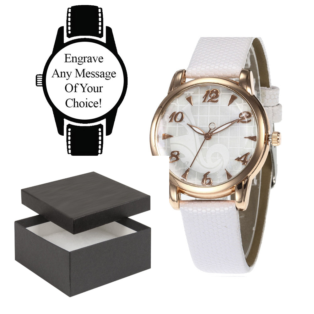 Engraved White Leather Strap and White Face Watch