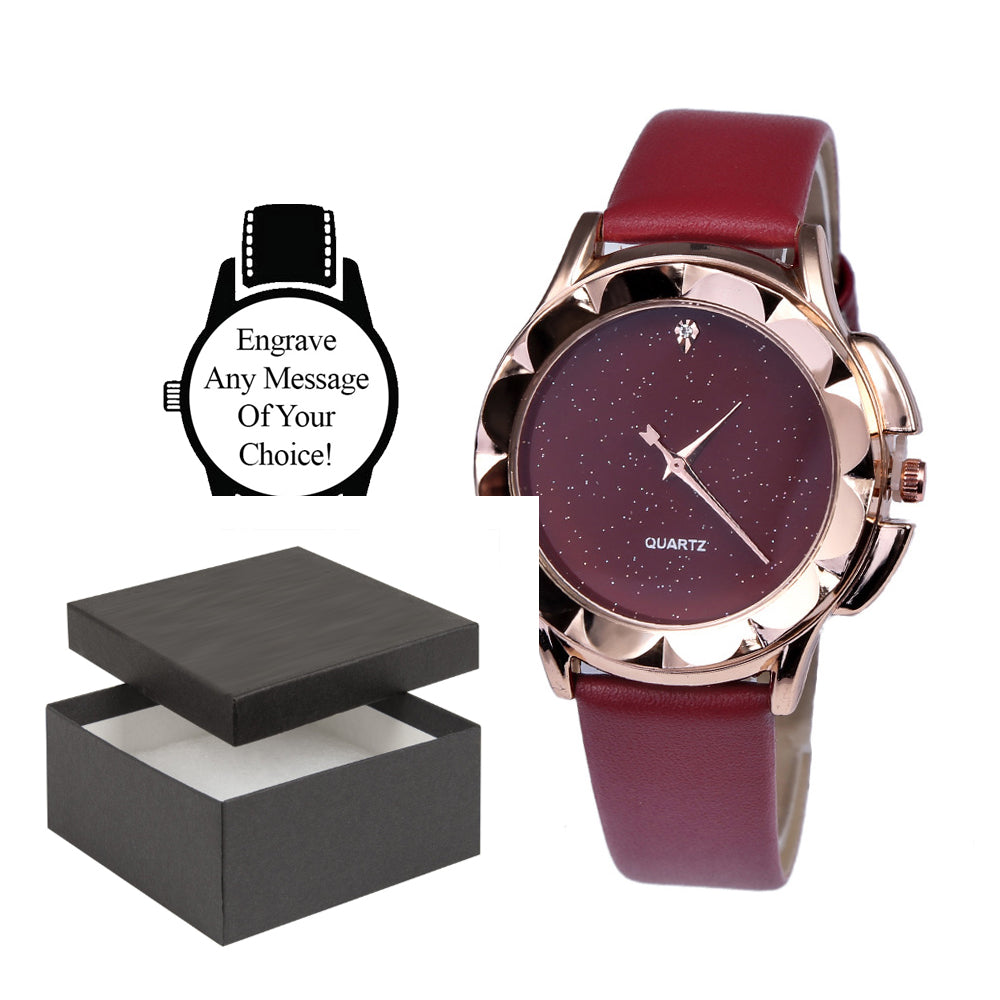 Personalised Engraved Watch Red Night Sky with Red Strap Red Face and a beautful Gold Rim