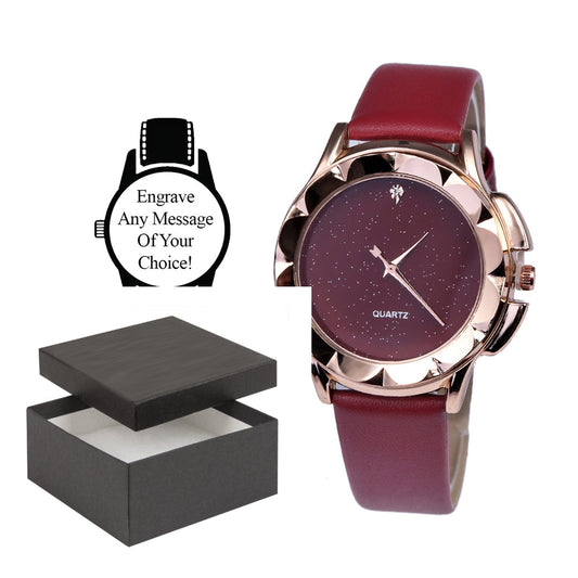 Personalised Engraved Watch Red Night Sky with Red Strap Red Face and a beautful Gold Rim