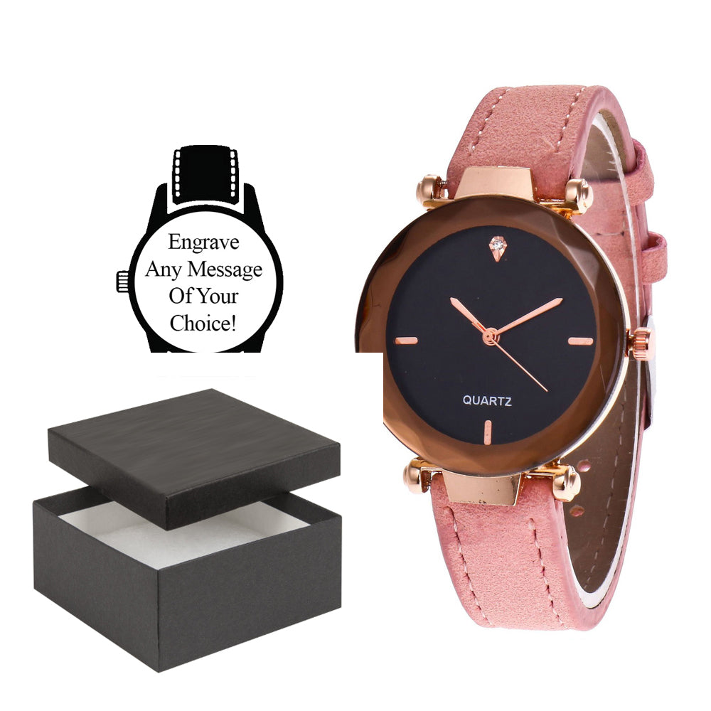 Personalised Engraved Watch Pink Leather Strap with Black Face Gold Rim Quartz Watch