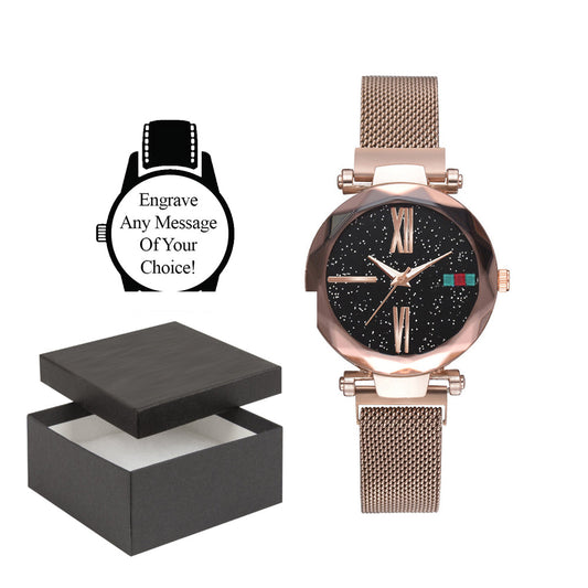 Personalised Engraved Watch Black Star Sky Face with a Silver/Gold Body and Magnetic Buckle