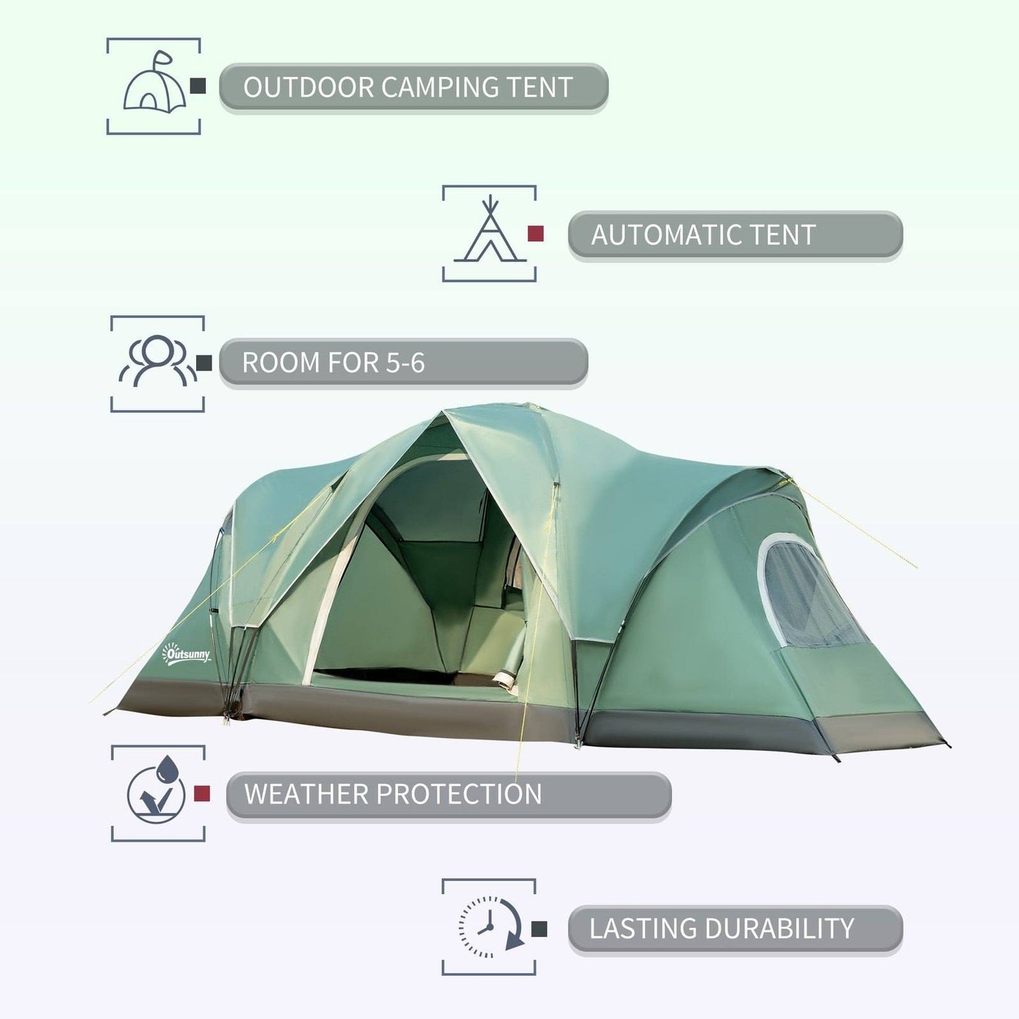 5-6 Man Dome Camping Tent Hiking Shelter UV Protection 3000mm Water Resistant Tunnel Tent - Dark Green