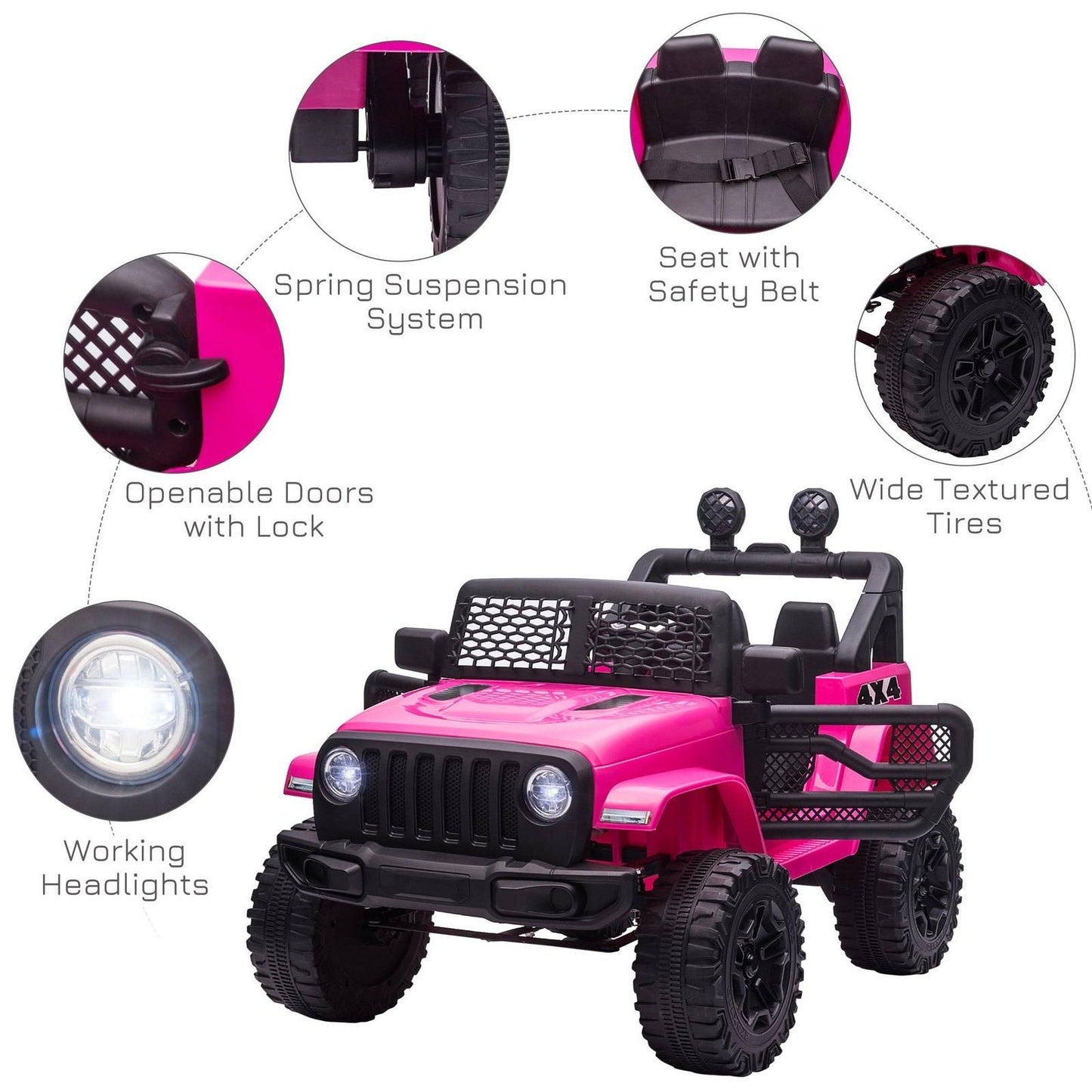 12V Battery-powered 2 Motors Kids Electric Ride On Car Truck Off-road Toy with Parental Remote Control Horn Lights Suspension Wheels for 3-6 Years Old Pink