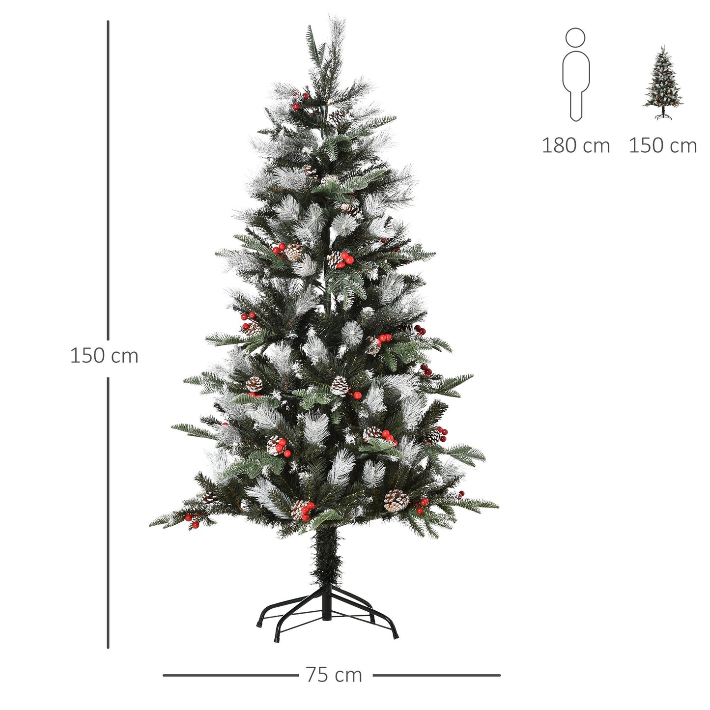 5FT Artificial Snow Dipped Christmas Tree Xmas Pencil Tree with Foldable Feet Red Berries White Pinecones