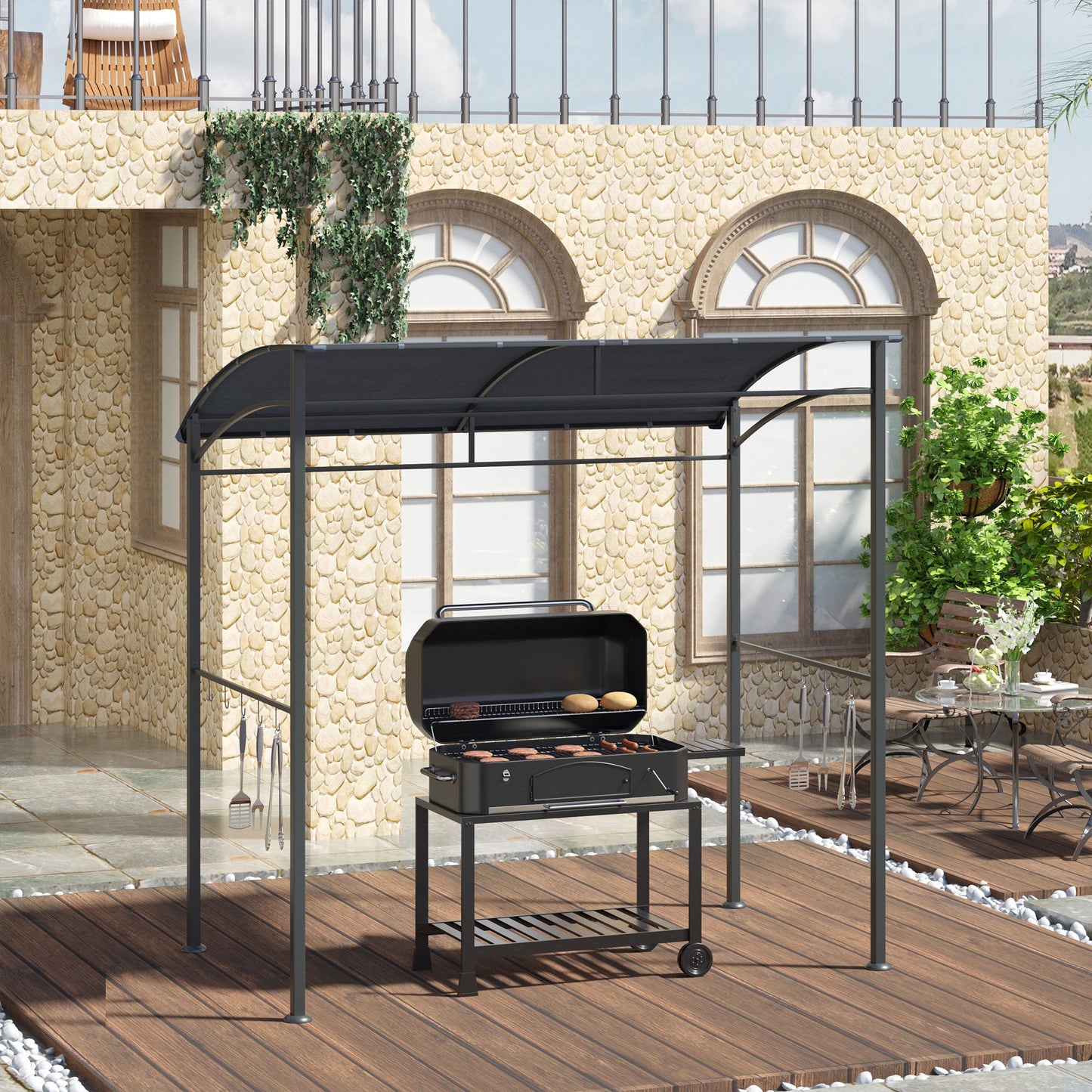 2M 7ft BBQ Grill Gazebo Tent Garden Grill Metal Frame and Canopy with Hooks Outdoor Sun Shade