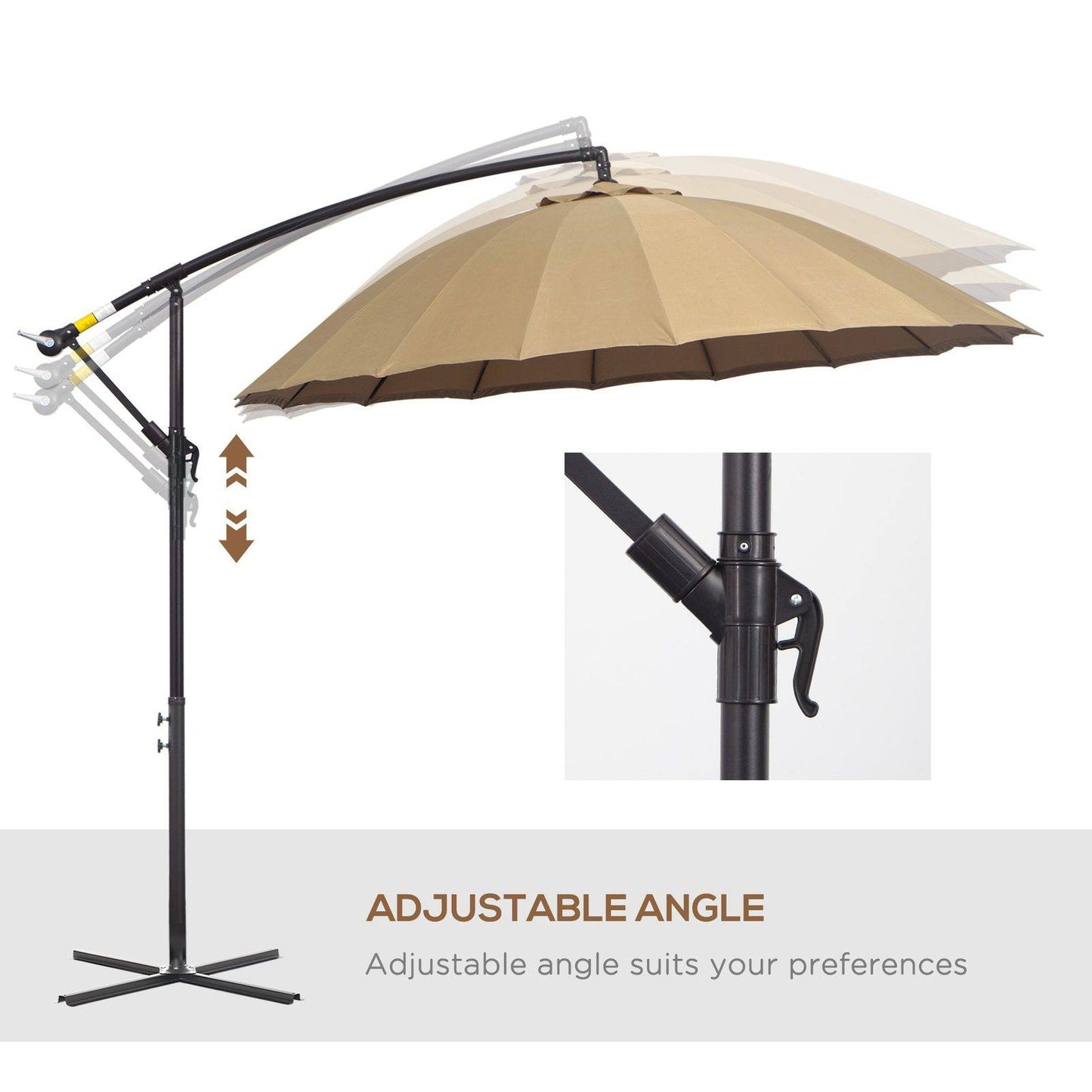 3M Cantilever Umbrella 18 Ribs & Vents Adjustable Angle for Patio Khaki