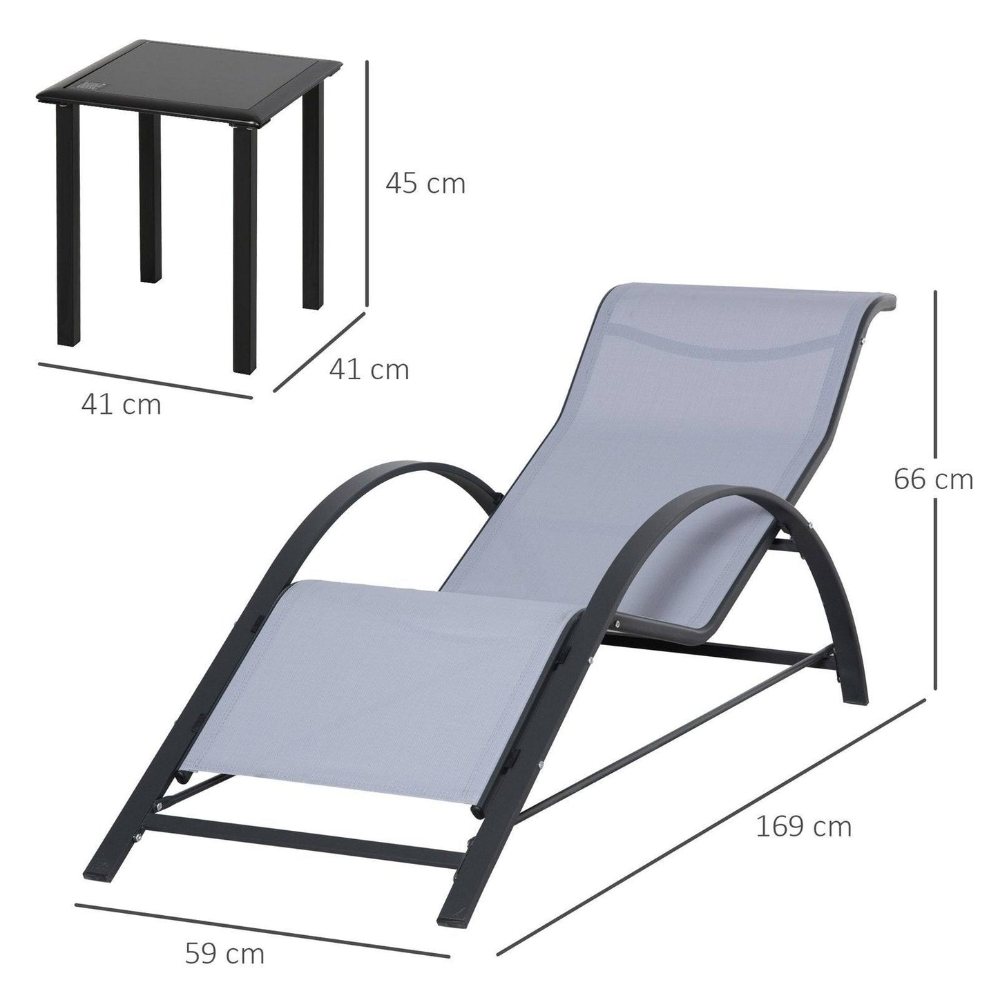 3-Pieces Lounge Chair Set Metal Frame Garden Outdoor Recliner Sunbathing Chair with Table