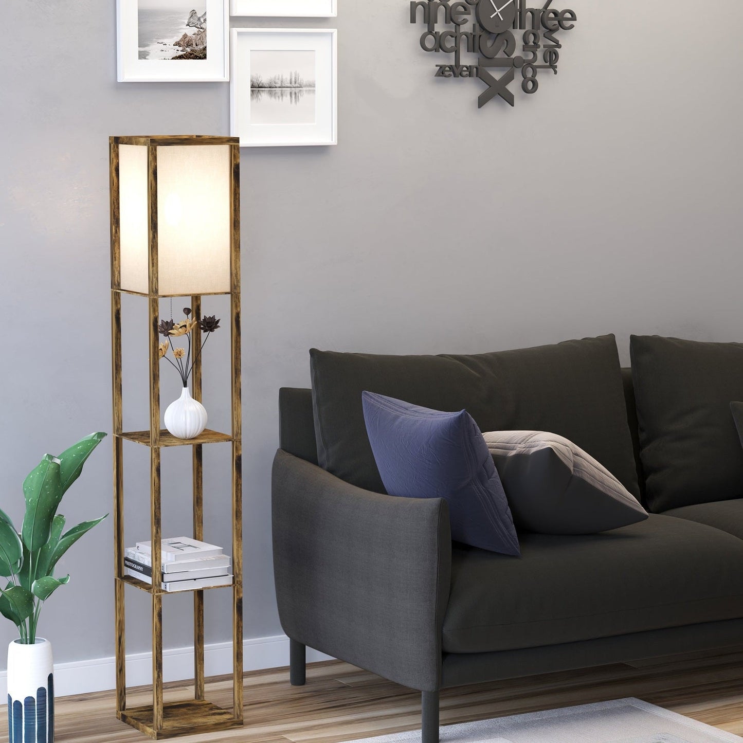 4-Tier Floor Lamp Standing Lamp with Storage Shelf for Home Office Dorm Brown