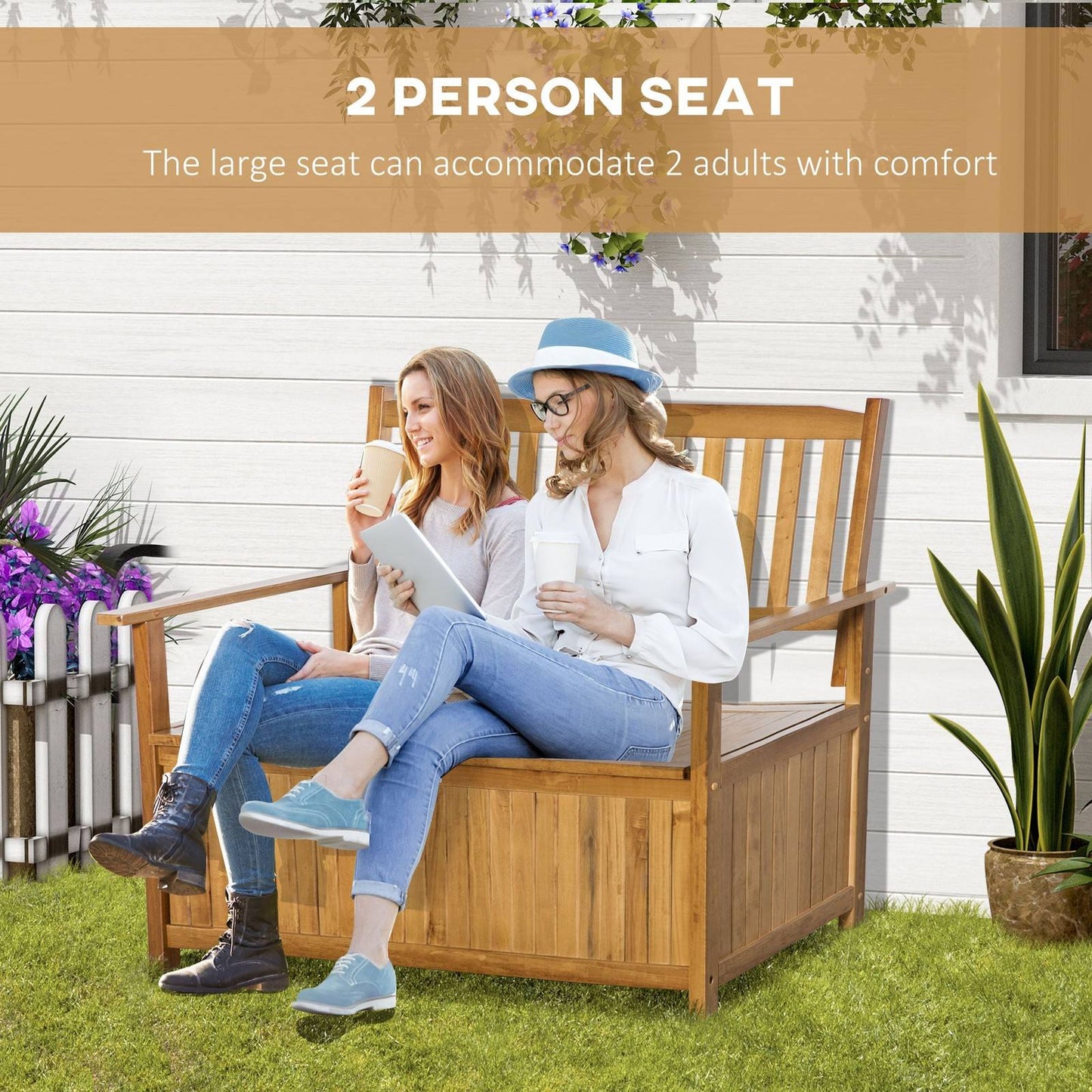 2 Seater Wood Garden Storage Bench