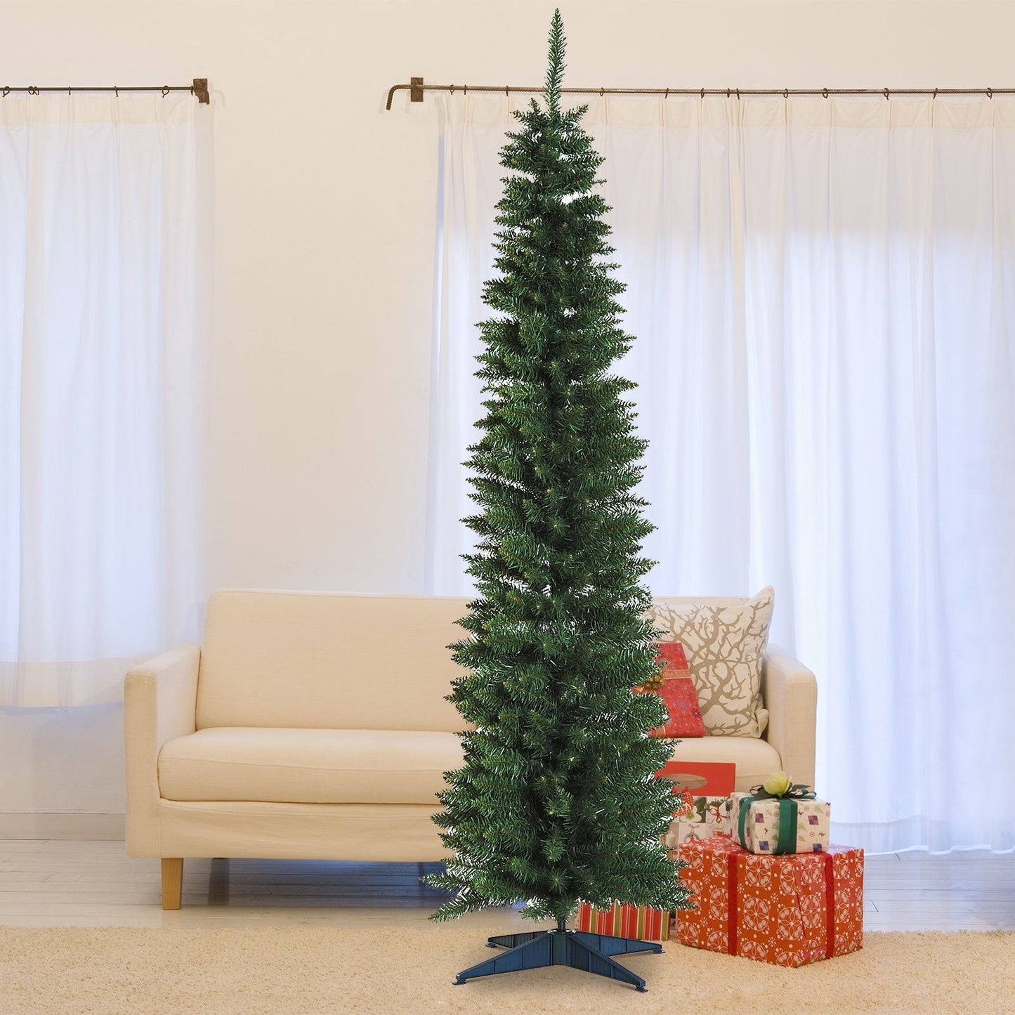 6FT Artificial Pine Pencil Slim Tall Christmas Tree with 390 Branch Tips Xmas Holiday Décor with Stand Green
