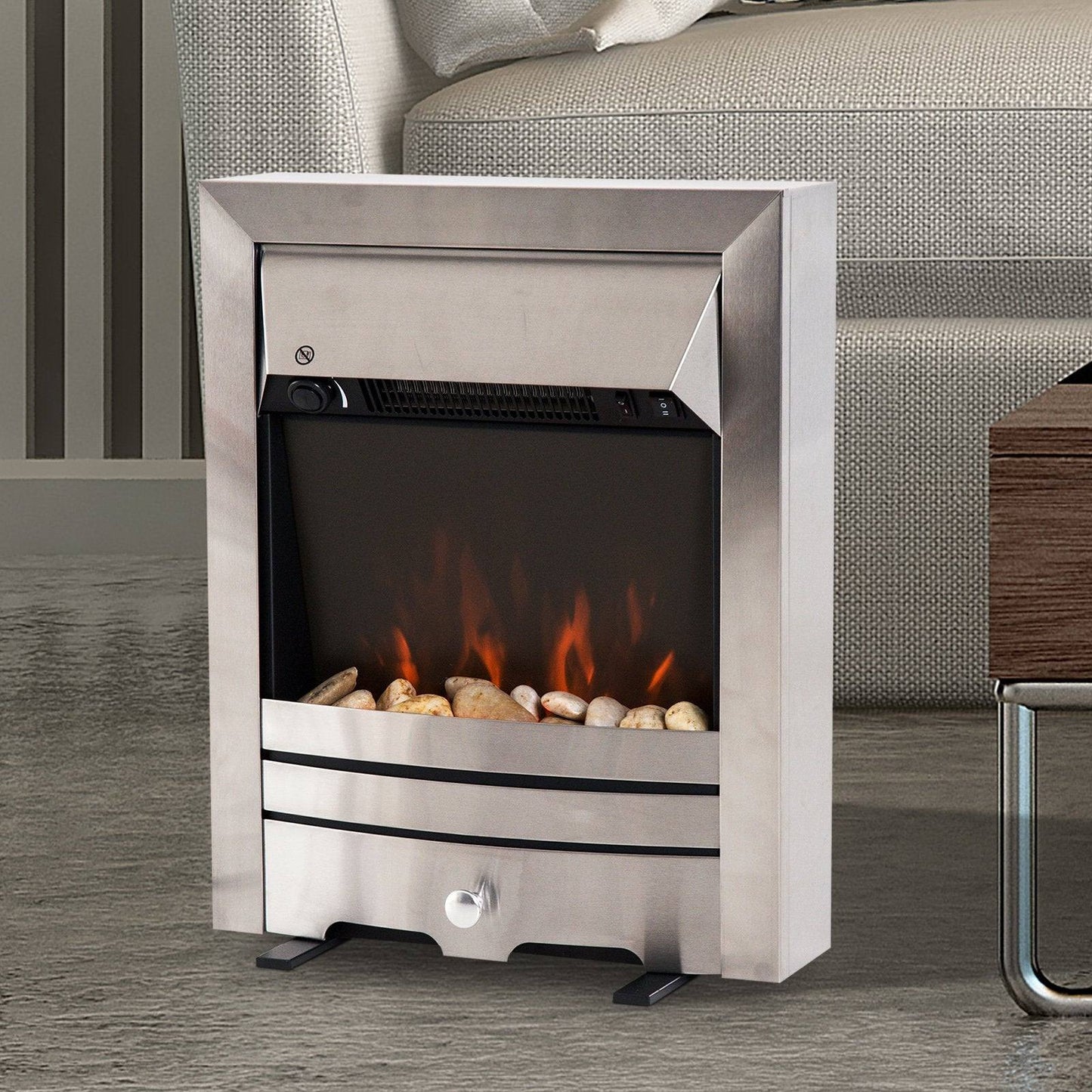 2KW Stainless Steel Electric Fireplace Pebble Burning Effect Heater Fire Flame Indoor Stove LED Lighting