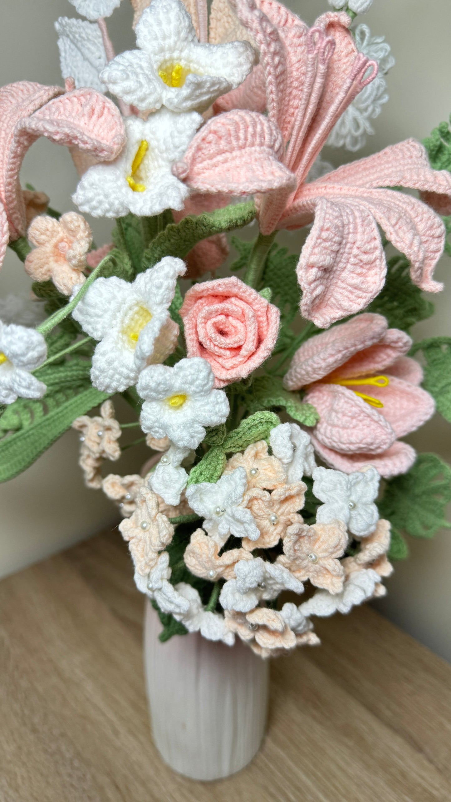 Handmade Crochet Blush Spring Garden Bouquet – Elegant Pink & White Floral Arrangement