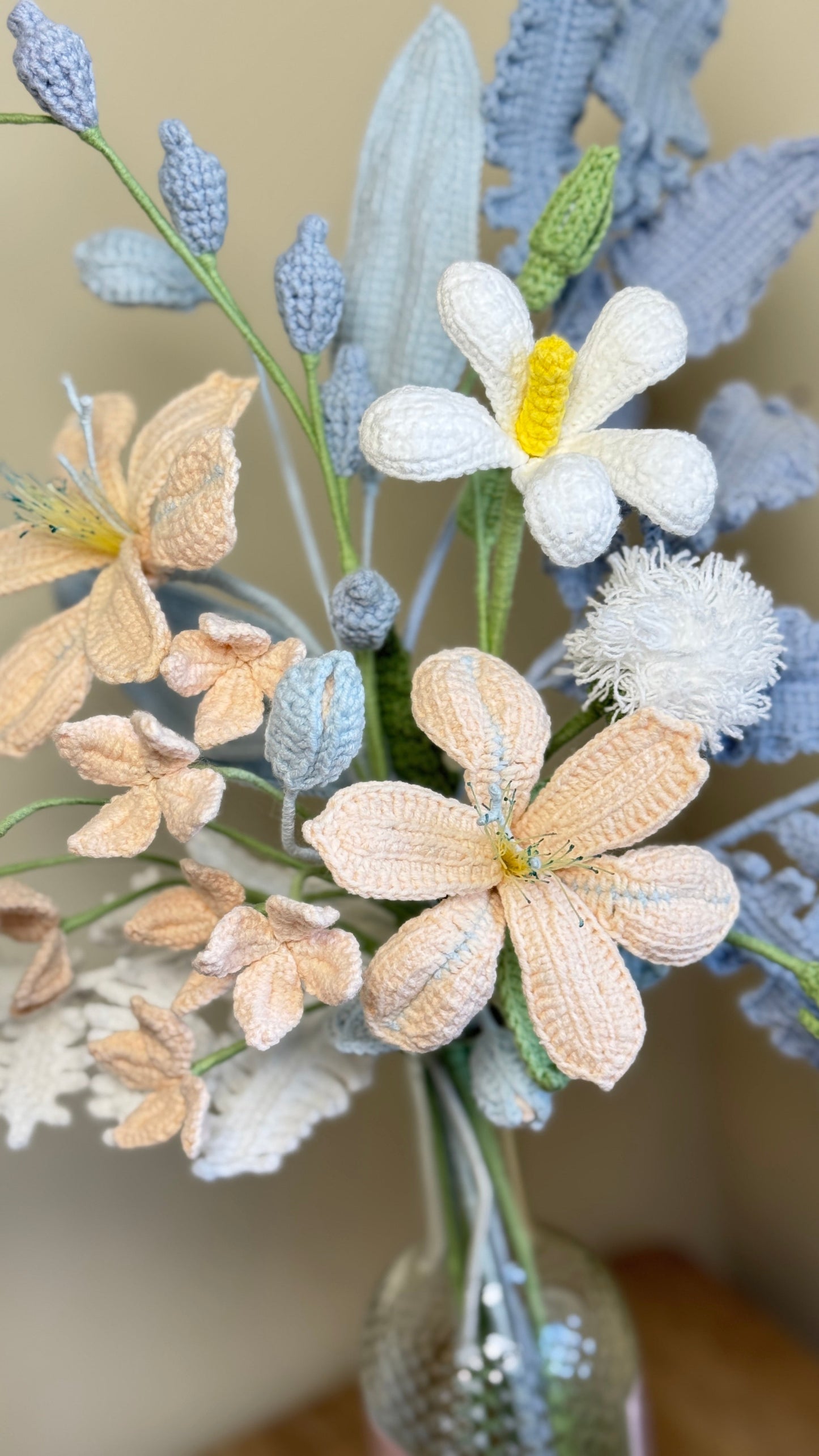 Handmade Crochet Pastel Meadow Bouquet – Soft Blue & Peach Floral Arrangement