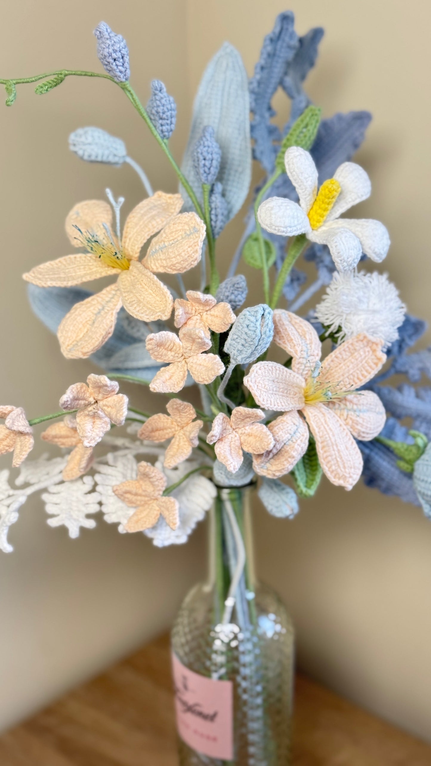 Handmade Crochet Pastel Meadow Bouquet – Soft Blue & Peach Floral Arrangement