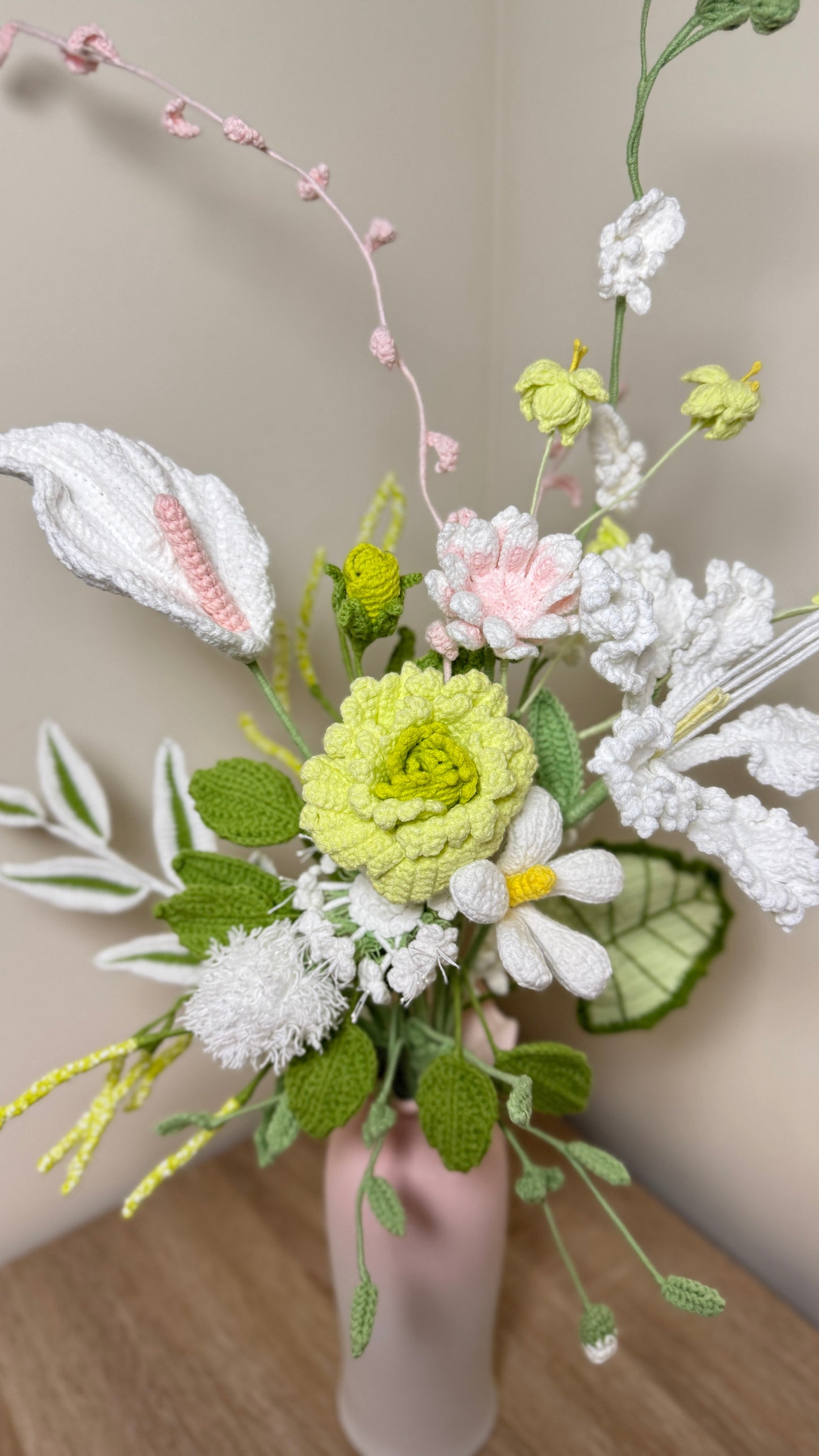 Handmade Crochet Serene Garden Bouquet – Elegant White & Green Floral Arrangement