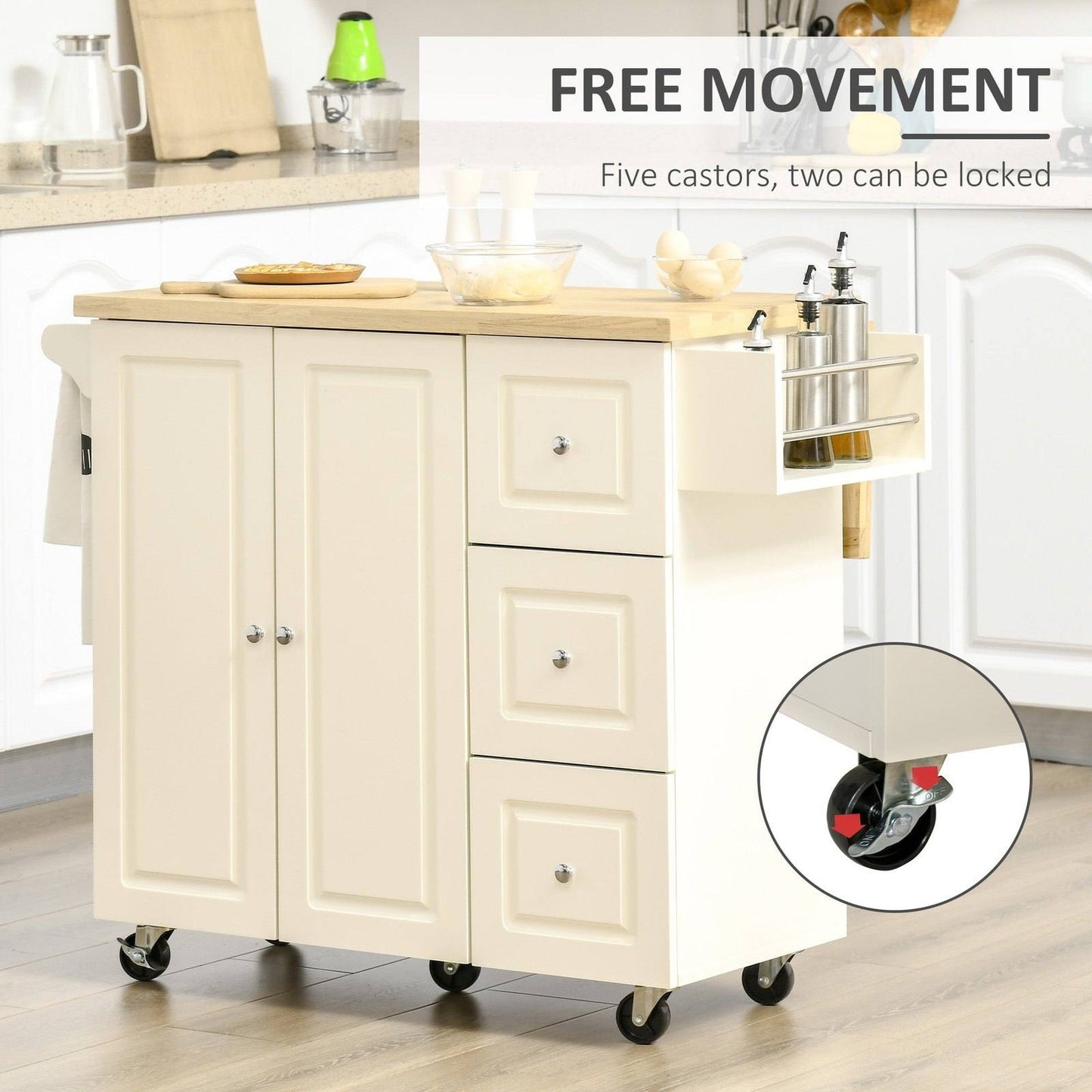 Drop-Leaf Kitchen Island on Wheels Utility Storage Cart with Drawers & Cabinet for Kitchen