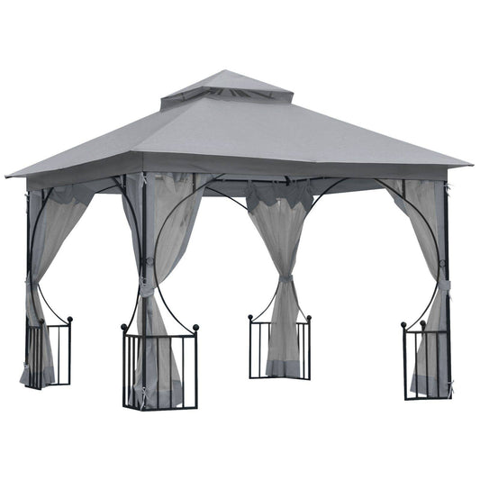 3 x 3M Garden Gazebo Patio Party Tent Shelter Outdoor Canopy Double Tier Sun Shade Metal Frame Netting Light Grey