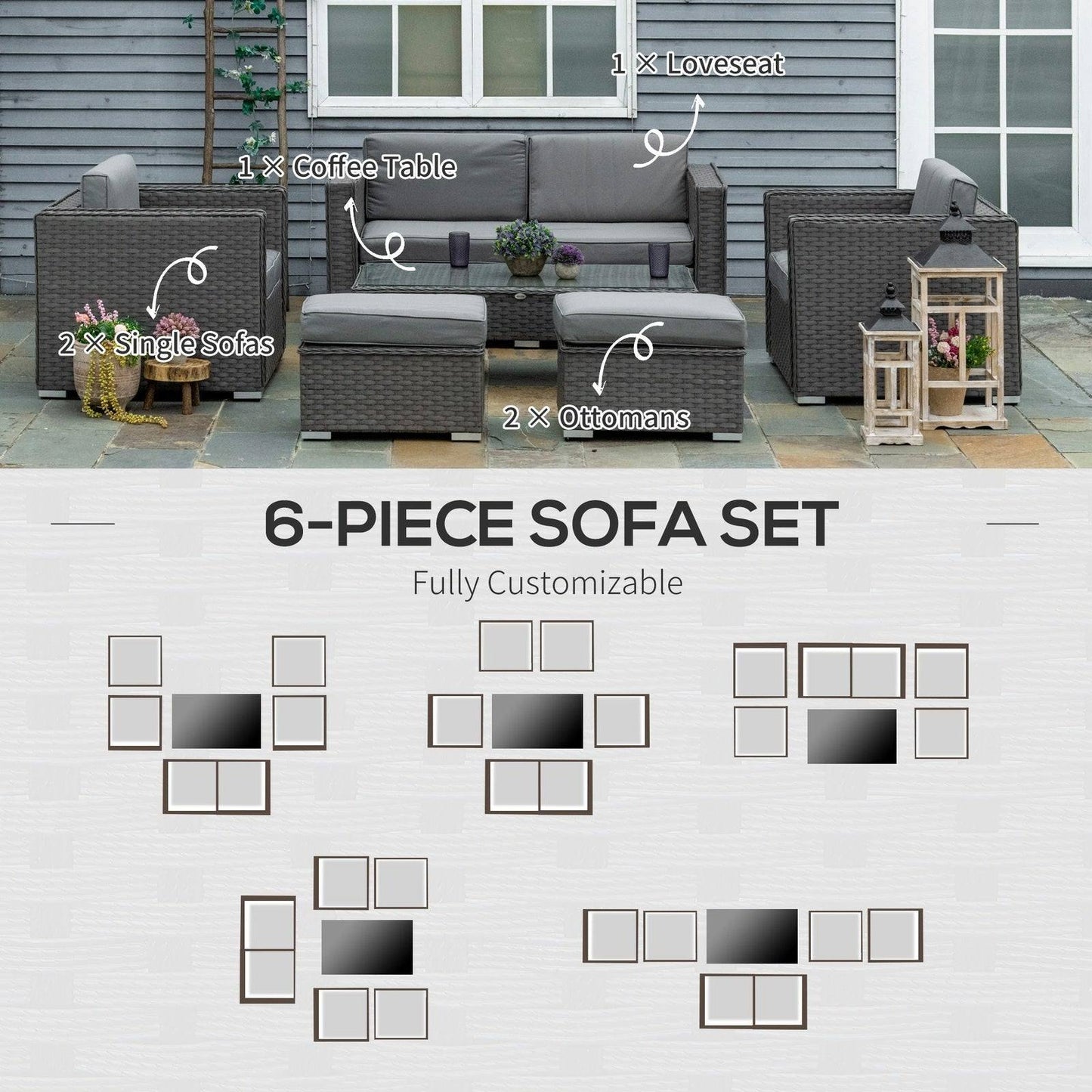 6-Piece Garden Rattan Sofa Set Bonzer Outdoor Furniture Patio Table Loveseat Stool Lounging Ottoman Aluminium Frame Wicker Weave Conservatory Grey