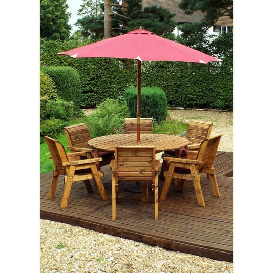 Scandinavian Redwood Garden Patio Dining Set by Charles Taylor - 6 Seat Burgundy Cushions