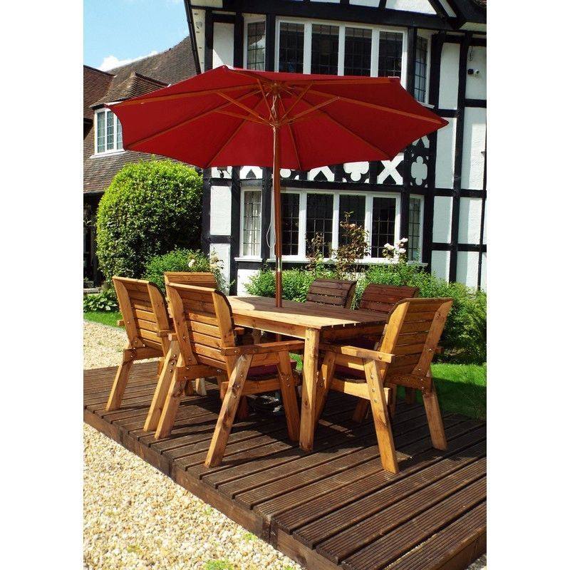 Scandinavian Redwood Garden Patio Dining Set by Charles Taylor - 6 Seat Burgundy Cushions