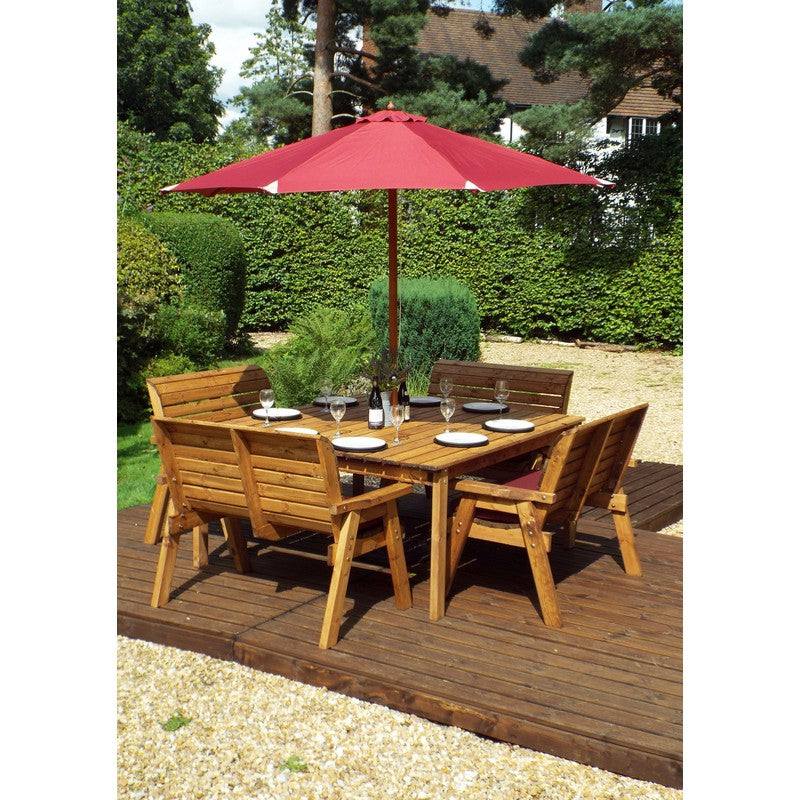 Scandinavian Redwood Garden Patio Dining Set by Charles Taylor - 8 Seat Burgundy Cushions