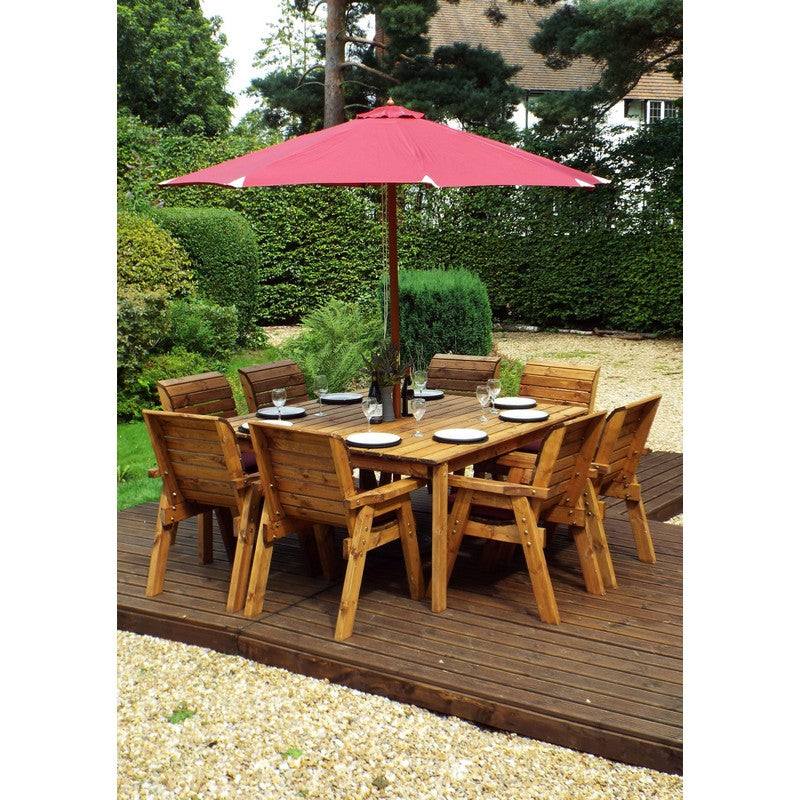 Scandinavian Redwood Garden Patio Dining Set by Charles Taylor - 8 Seats Burgundy Cushions