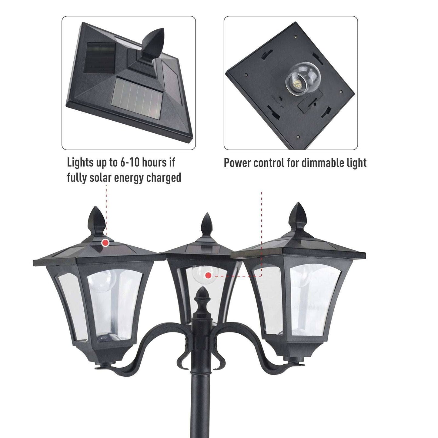 1.8m Traditional Victorian Style 3 Way Head Outdoor Garden Solar Post Lamp Sensor Dimmable LED Lantern Bollard Pathway IP44  Black