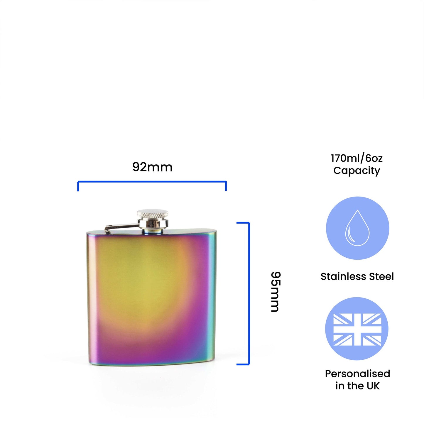 Engraved 6oz Rainbow Steel Hip Flask Happy Custom Number Birthday