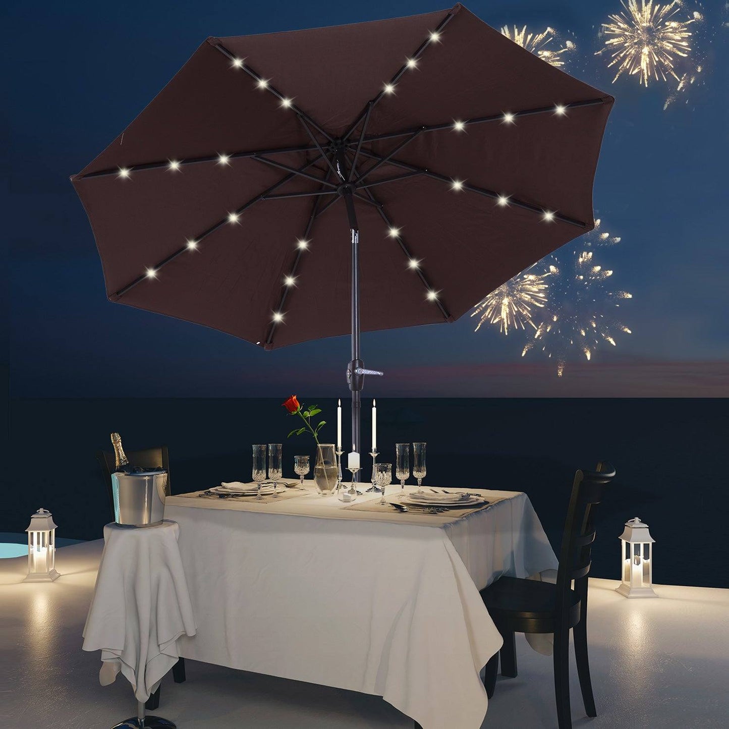 Umbrella Parasol 24 Solar LED-Brown/Coffee