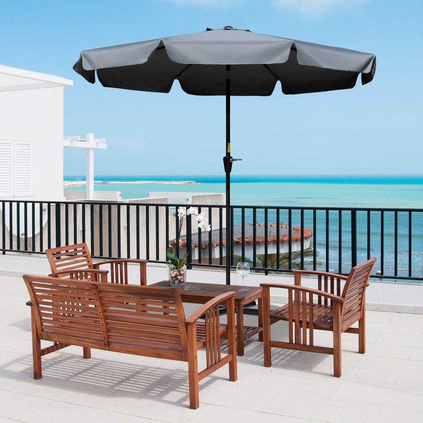 Outsunny 2.66M Patio Umbrella Garden Parasol Outdoor Sun Shade Table Umbrella With Ruffles 8 Sturdy Ribs Charcoal Grey