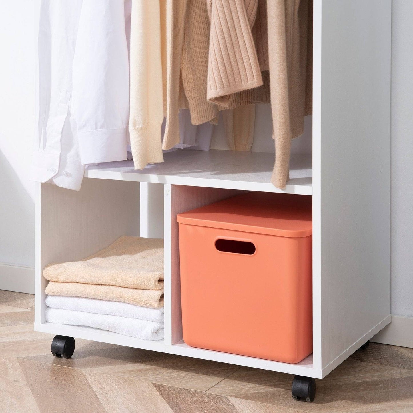 Rolling Open Wardrobe w/ Hanging Rod Storage Shelves Closet Organizer