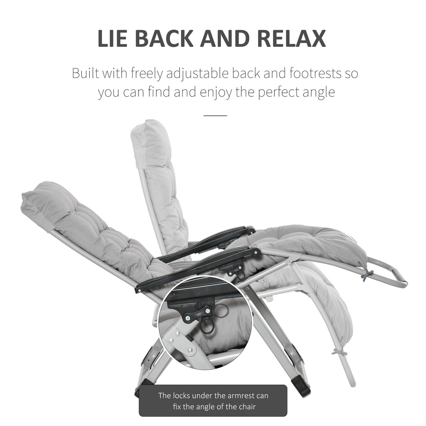 2-Piece Reclining Zero Gravity Chair Metal Frame Folding Garden Sun Lounger with Cushion Headrest Light Grey