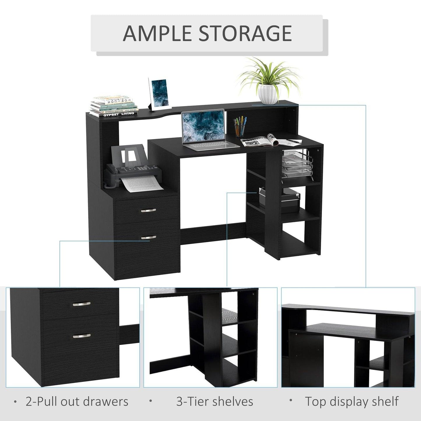 Computer Desk Study Table Modern Home Office Writing Workstation Furniture Printer Shelf Rack w/ Storage Drawer & Shelves Black