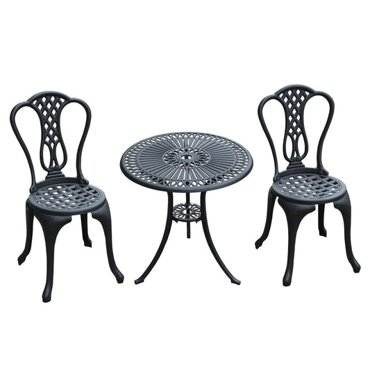 3-Piece Patio Cast Aluminium Bistro Set Garden Outdoor Furniture Table and Chairs Shabby Chic Style