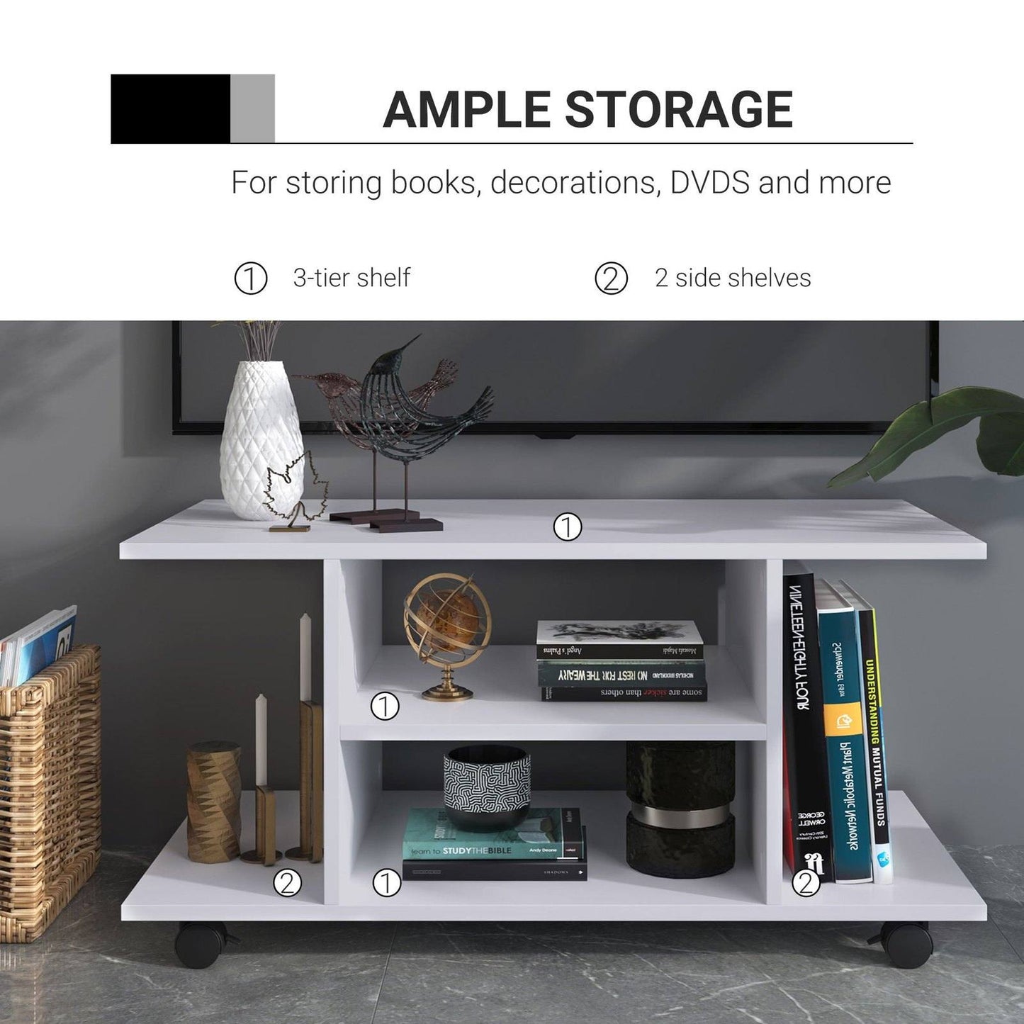 Modern TV Cabinet Stand Storage Shelves Table Mobile Bedroom Furniture Bookshelf Bookcase White New