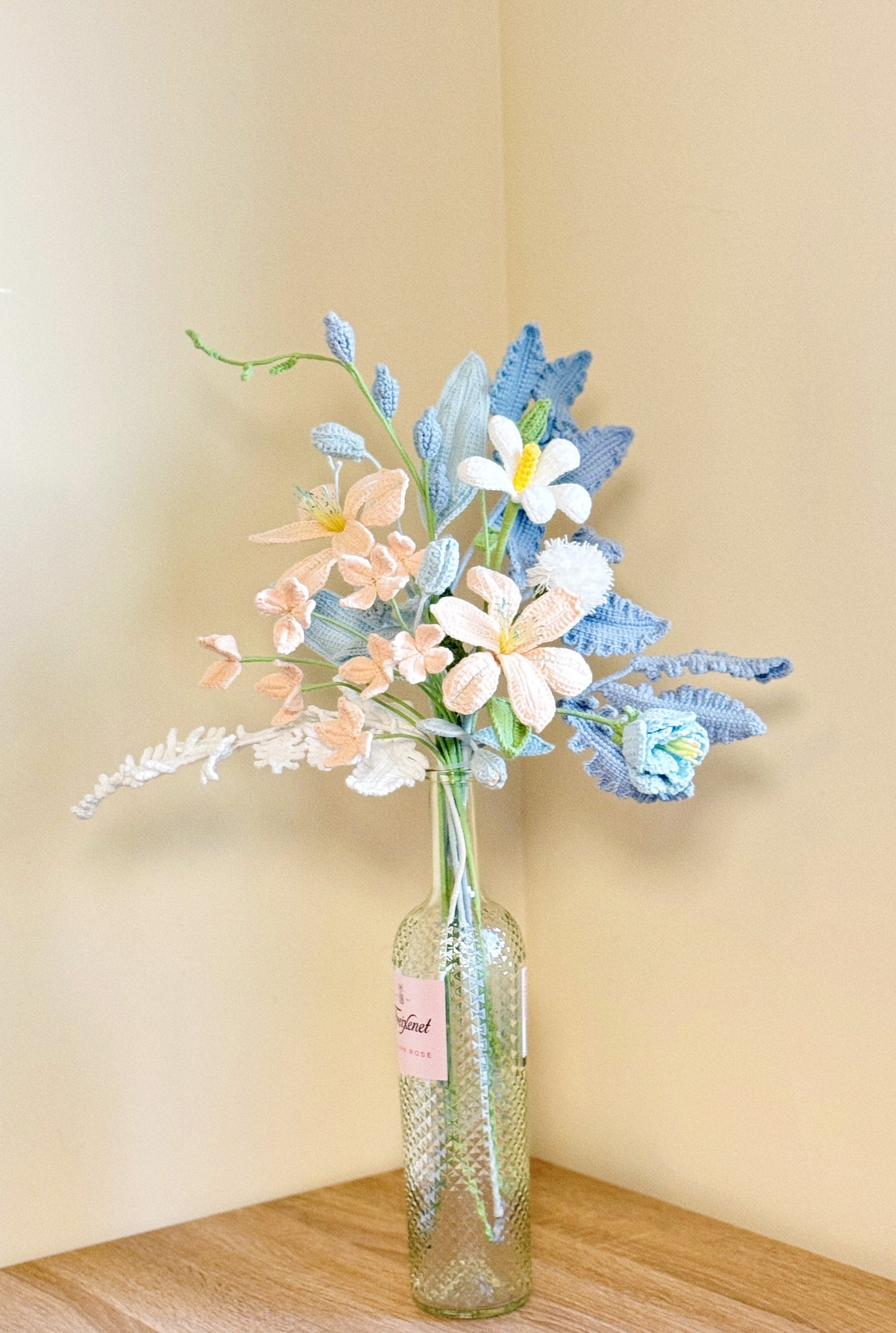 Handmade Crochet Pastel Meadow Bouquet – Soft Blue & Peach Floral Arrangement