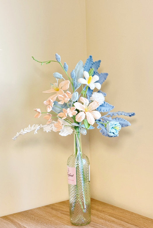 Handmade Crochet Pastel Meadow Bouquet – Soft Blue & Peach Floral Arrangement