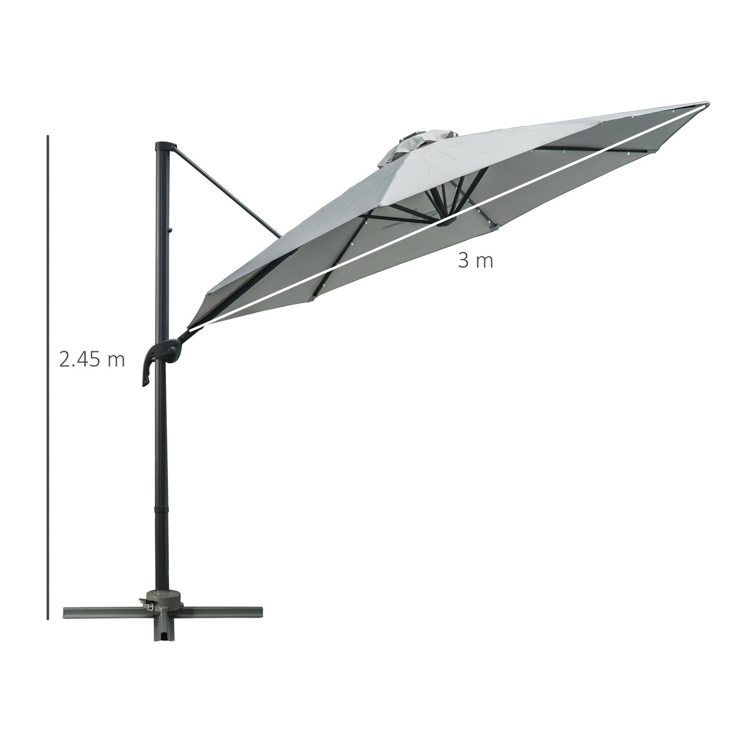 3M LED Cantilever Parasol Garden Sun Umbrella w/ Cross Base and Solar Lights Grey