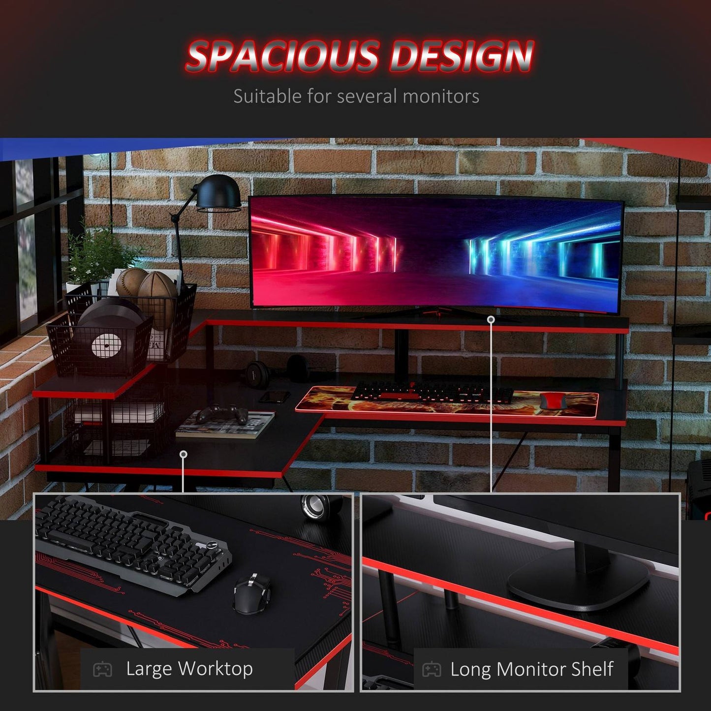 L-Shape Corner Gaming Desk Computer Table with Elevated Monitor Shelf Workstation