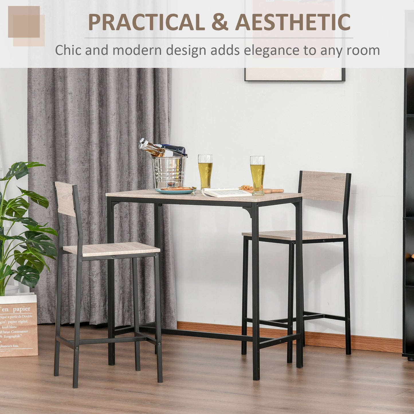 Metal Frame Medium-density fibreboard Top Table & Bar Stool Set Black