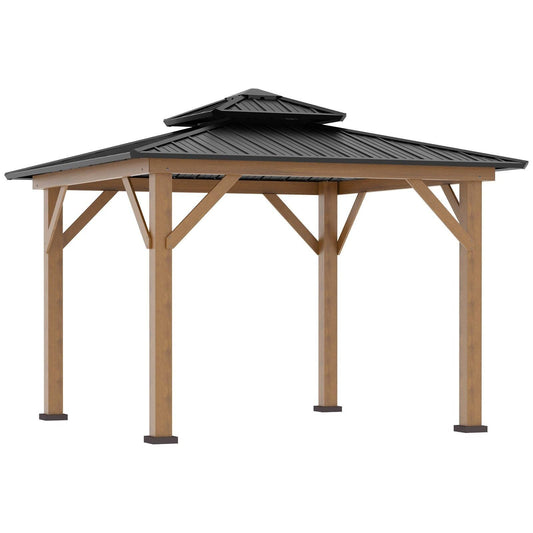 3.5 x 3.5m Outdoor Hardtop Gazebo Canopy with Two-tier Metal Roof and Solid Wood Frame Outdoor Patio Shelter for Patio