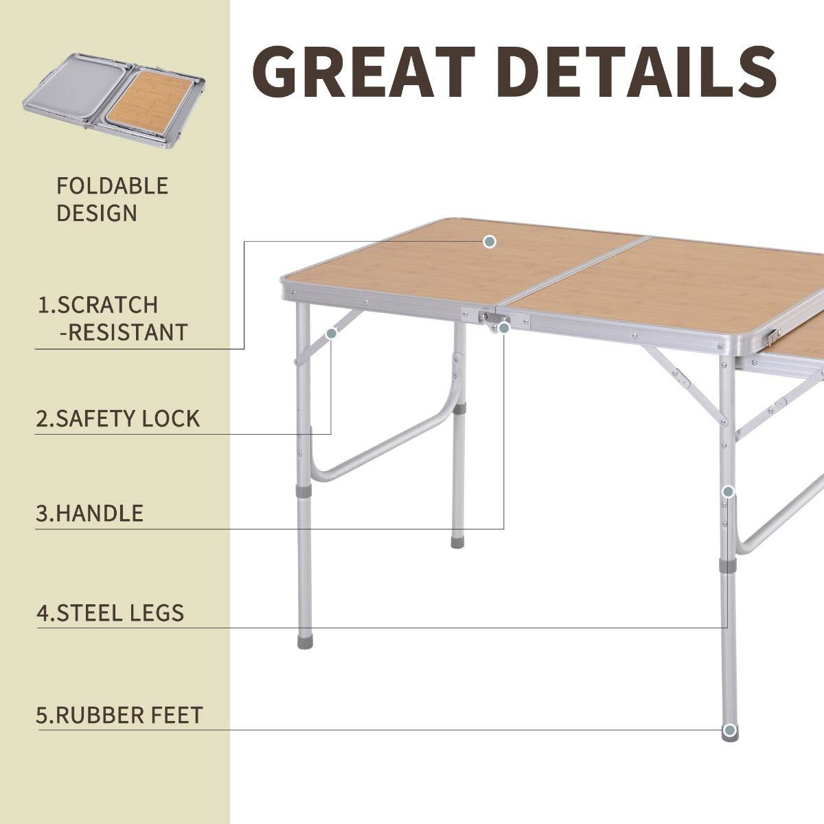3ft Aluminium Medium-density fibreboard-Top Folding Picnic Table Portable Camping Table