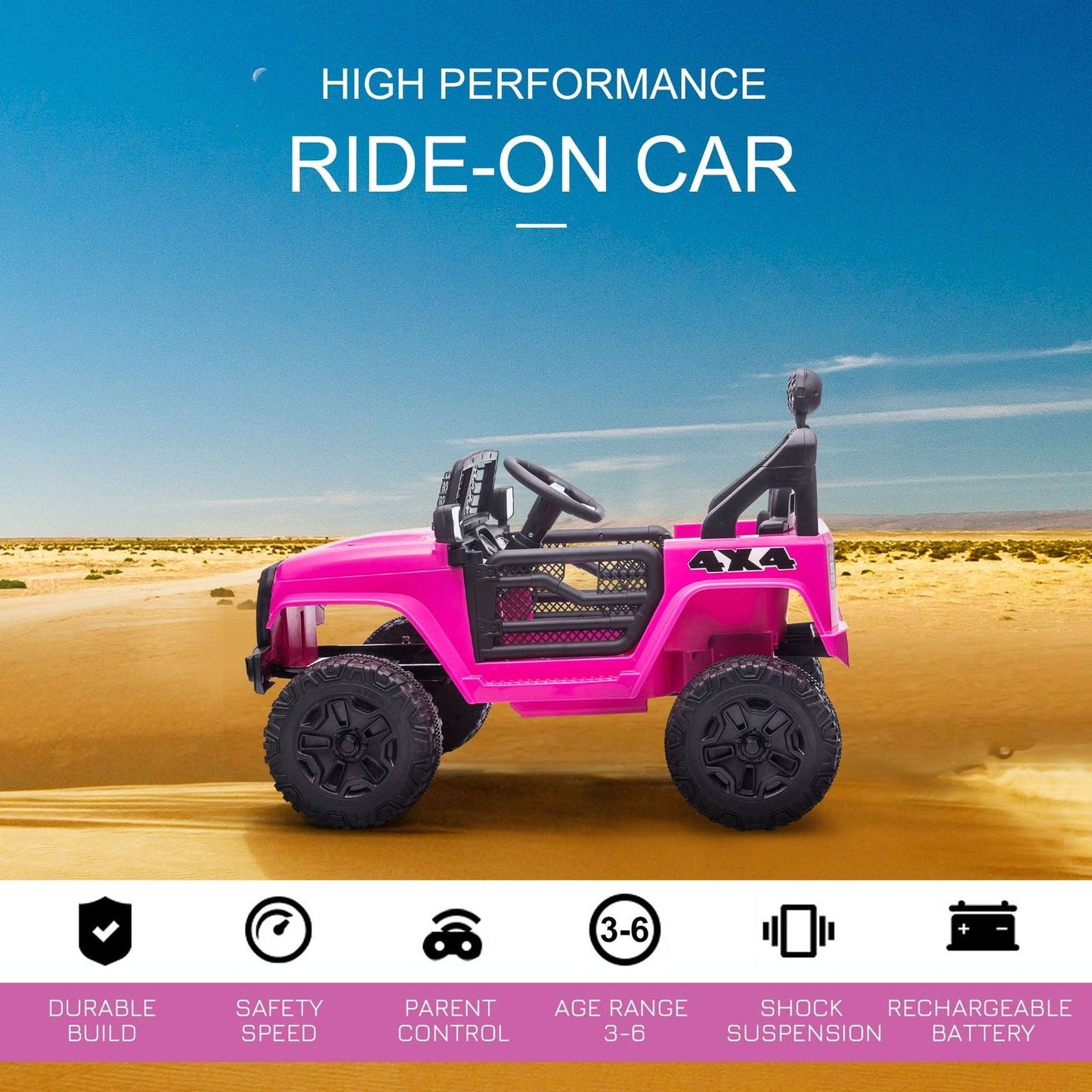 12V Battery-powered 2 Motors Kids Electric Ride On Car Truck Off-road Toy with Parental Remote Control Horn Lights Suspension Wheels for 3-6 Years Old Pink