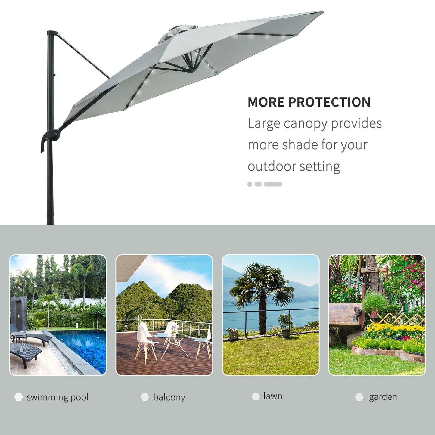3M LED Cantilever Parasol Garden Sun Umbrella w/ Cross Base and Solar Lights Grey