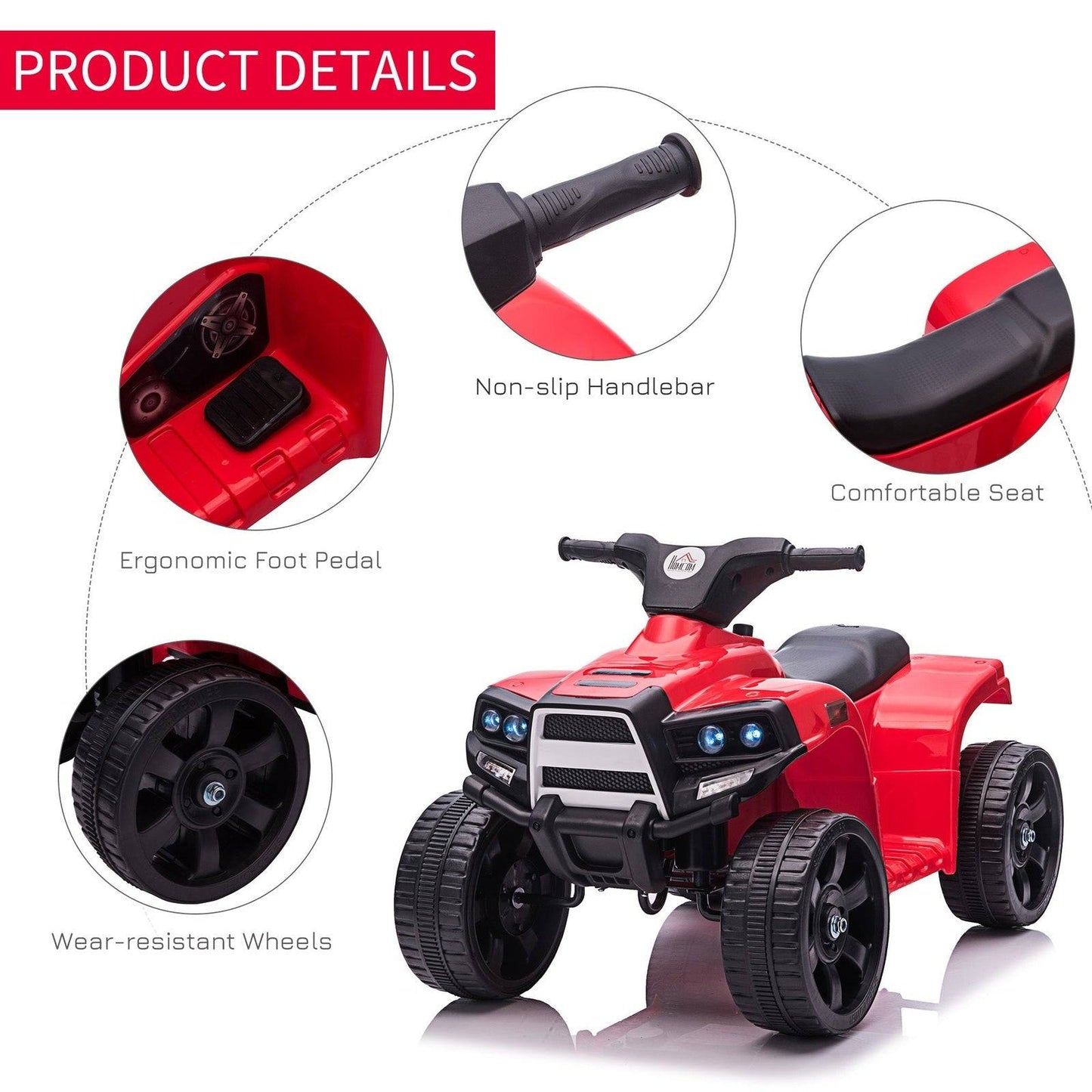 6V Kids Electric Ride on Car ATV Toy Quad Bike With Headlights for Toddlers 18-36 months Red