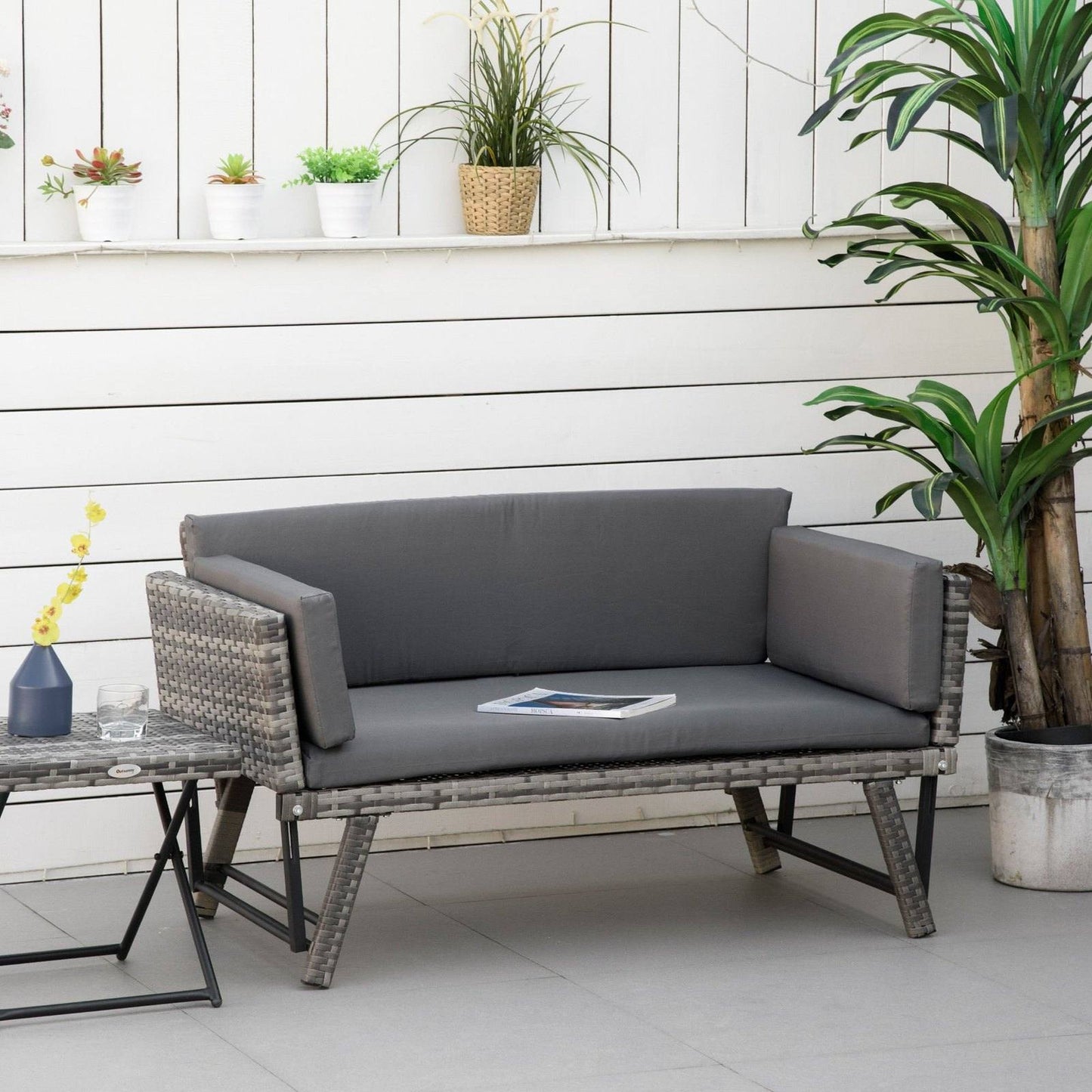 Outsunny 2 In 1 Rattan Folding Daybed Sofa Bench Garden Chaise Lounger Loveseat With Cushion Outdoor Patio Mixed Grey