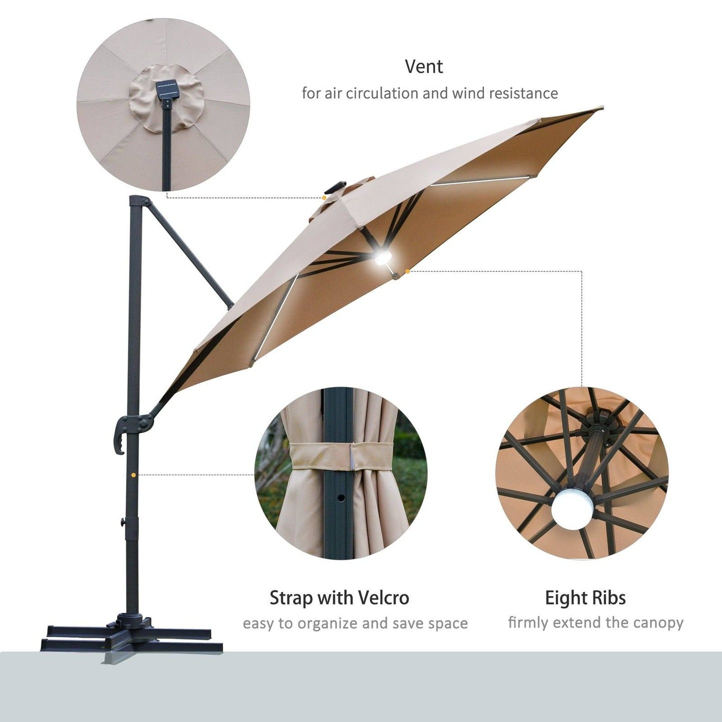 3M LED Cantilever Parasol Outdoor Sun Umbrella w/ Base Solar Lights Brown